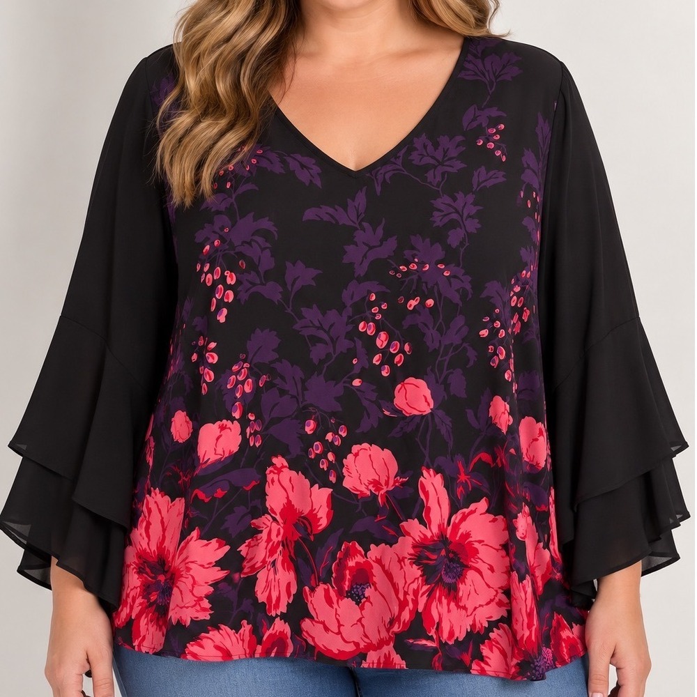Liz Claiborne 2X Floral Tunic Blouse Bell Sleeve Black Purple Pink Boho Plus